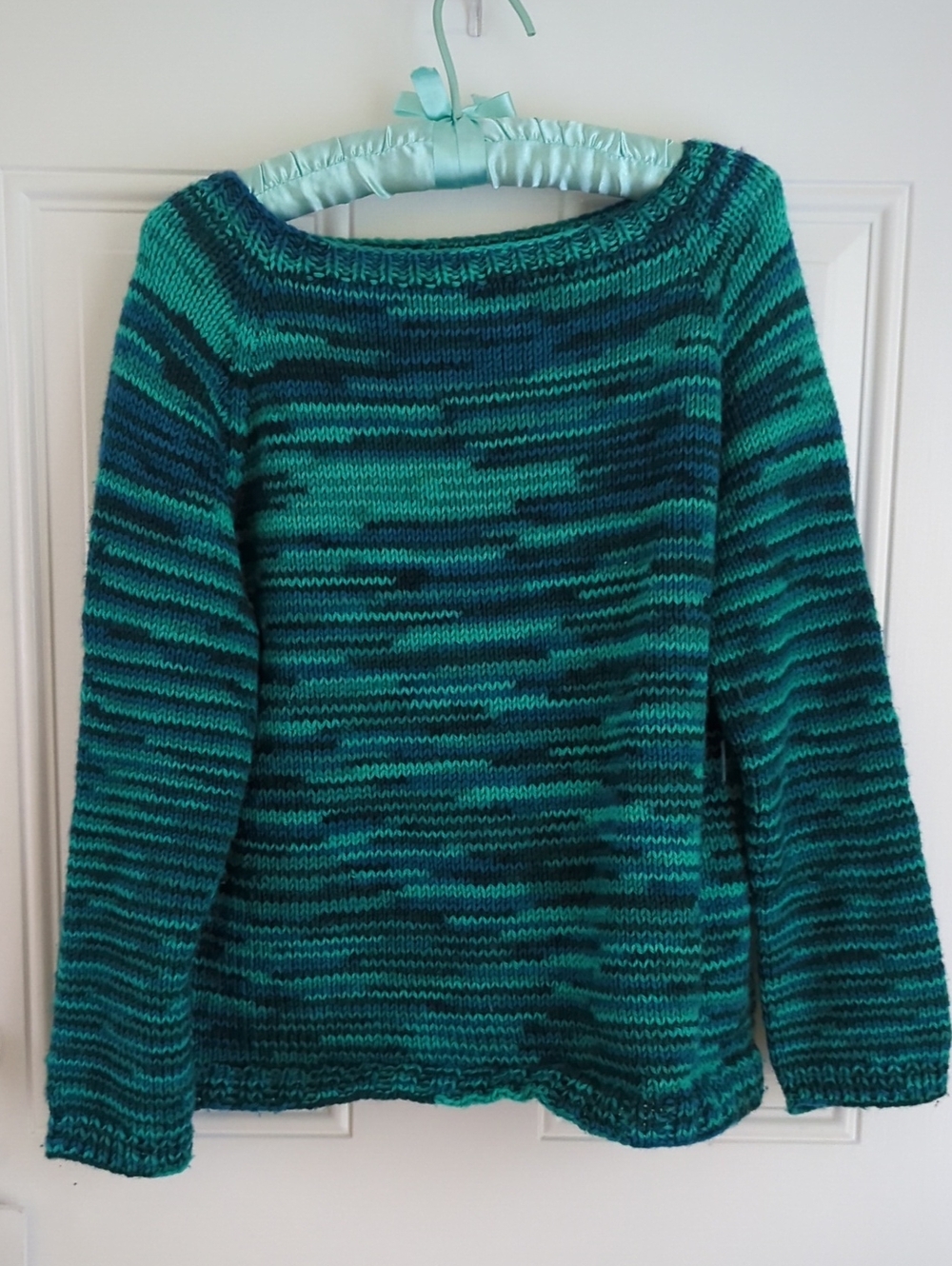 Hand Knit Boat Neck Long Sleeve Sweater. Varigated Teal And Blues.